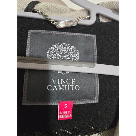 VINCE CAMUTO Wool Blend Striped Asymmetrical Hooded Long Coat Small Black Gray - Picture 3 of 16